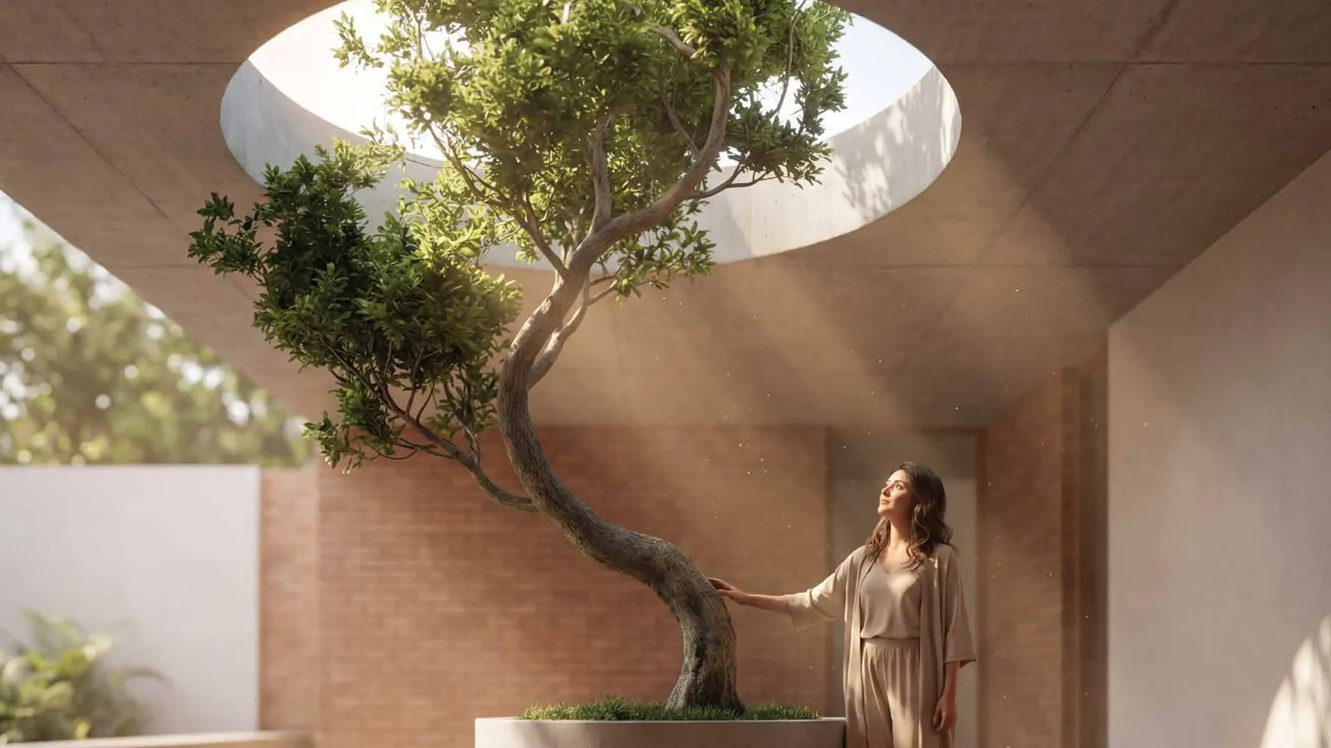 Sky Oculus — circular balcony opening with tree rising through it, Whispers of the Sky 7-Star villas Chandapura